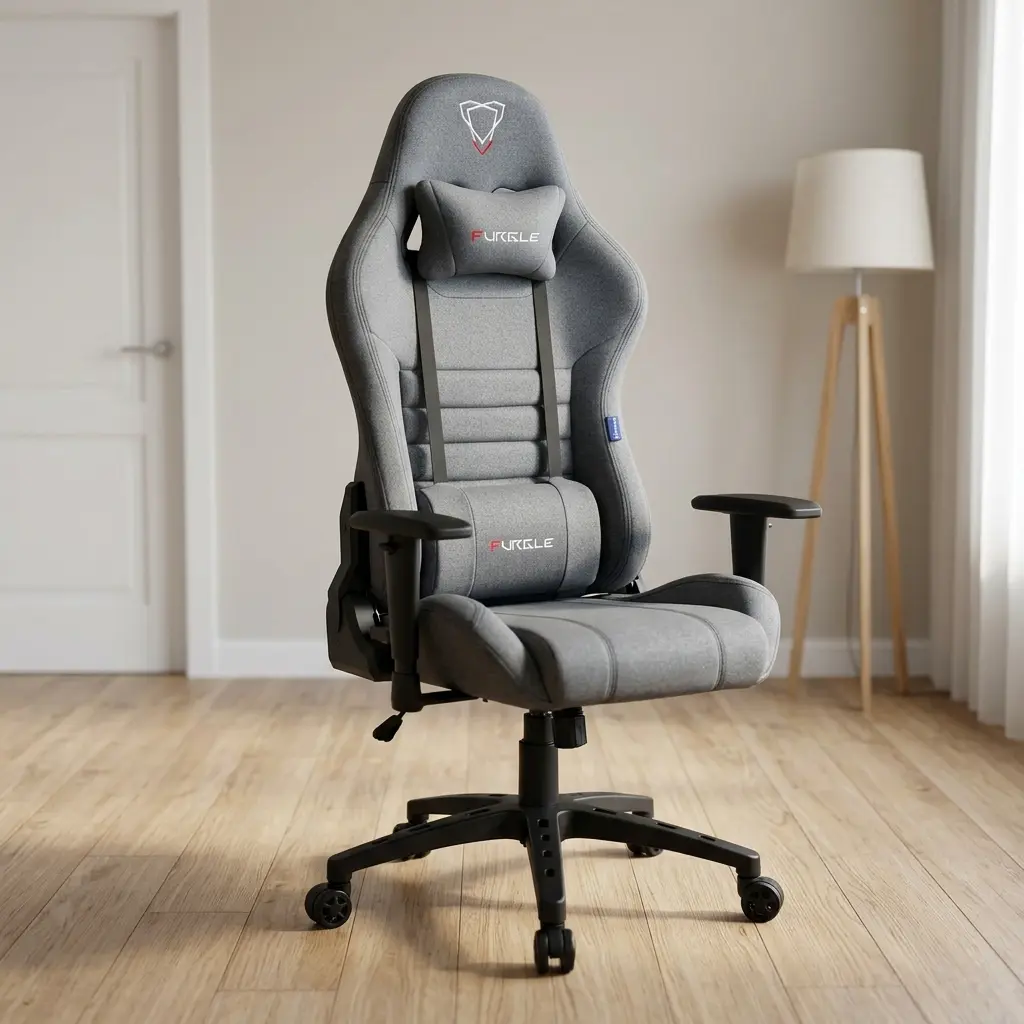 Ergonomic Grey Fabric Gaming Chair With Grey Fabric Upholstery, Contoured High Back, Segmented Padding, Headrest Cushion, Lumbar Cushion, Armrests And Wheeled Base