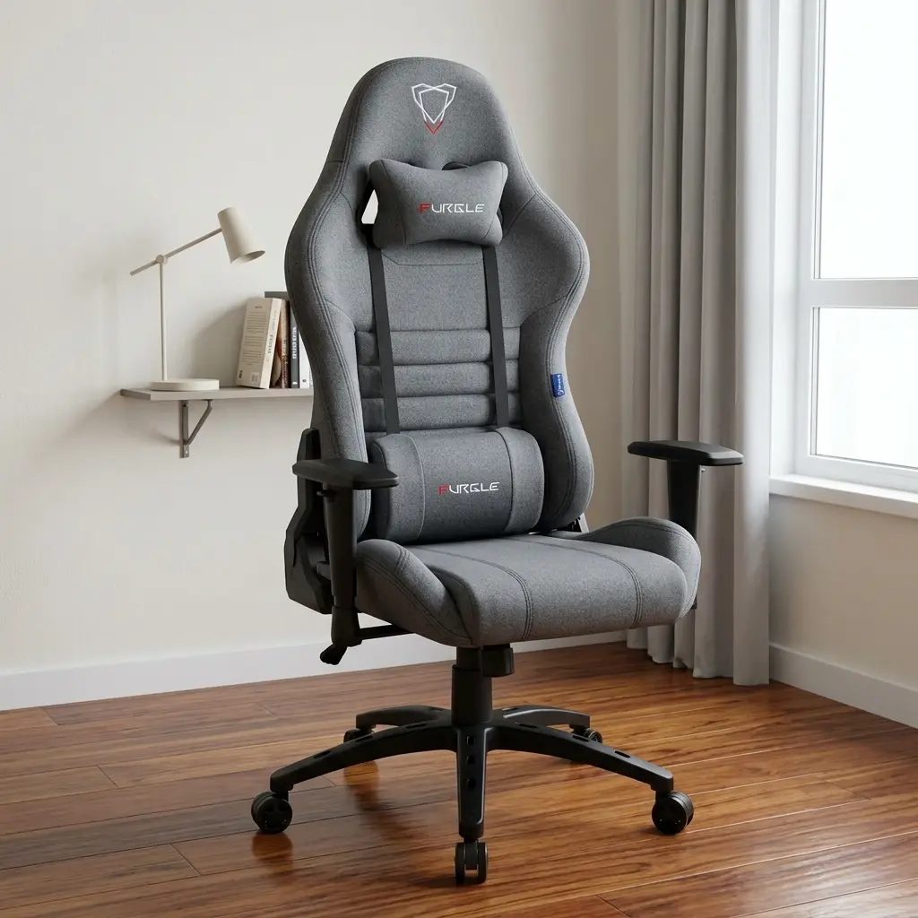 Ergonomic Grey Fabric Gaming Chair With Grey Fabric Upholstery, Contoured High Back, Segmented Padding, Headrest Cushion, Lumbar Cushion, Armrests And Wheeled Base