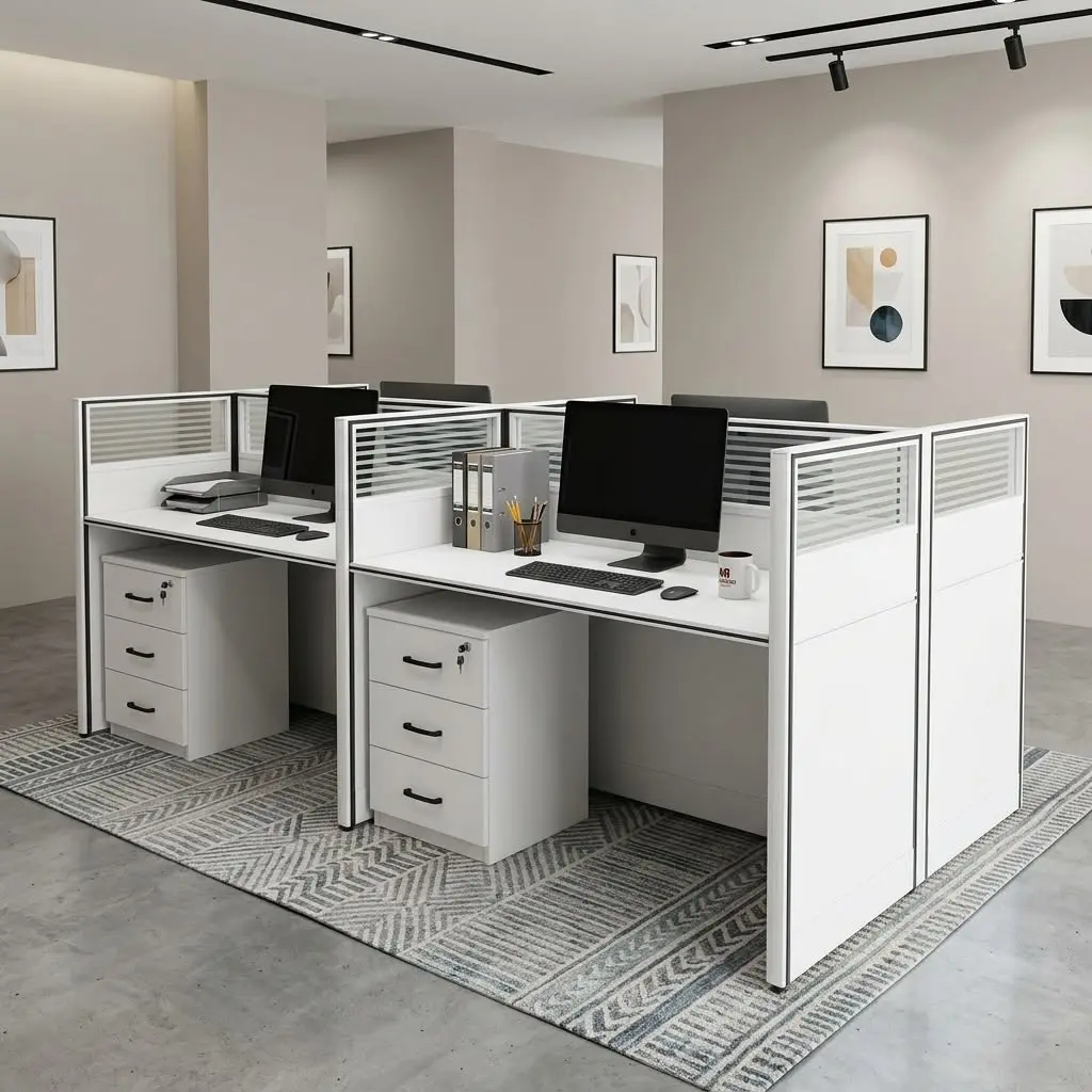 4-Way Modular Cross-Style Office Workstation Featuring Four White Desktops, Grey Partition Panels, Silver Frames, Translucent Upper Sections, And Lockable Three-Drawer Pedestals.