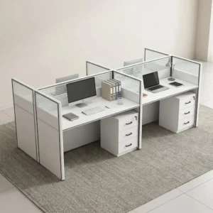 4-Way Modular Cross-Style Office Workstation featuring four white desktops, grey partition panels, silver frames, translucent upper sections, and lockable three-drawer pedestals.