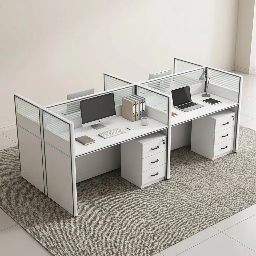 4-Way Modular Cross-Style Office Workstation Featuring Four White Desktops, Grey Partition Panels, Silver Frames, Translucent Upper Sections, And Lockable Three-Drawer Pedestals.