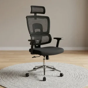Orthopedic High Back Mesh Chair in black with breathable high backrest, defined lumbar support, mesh headrest, padded seat, armrests, metallic-toned five-star base and caster wheels