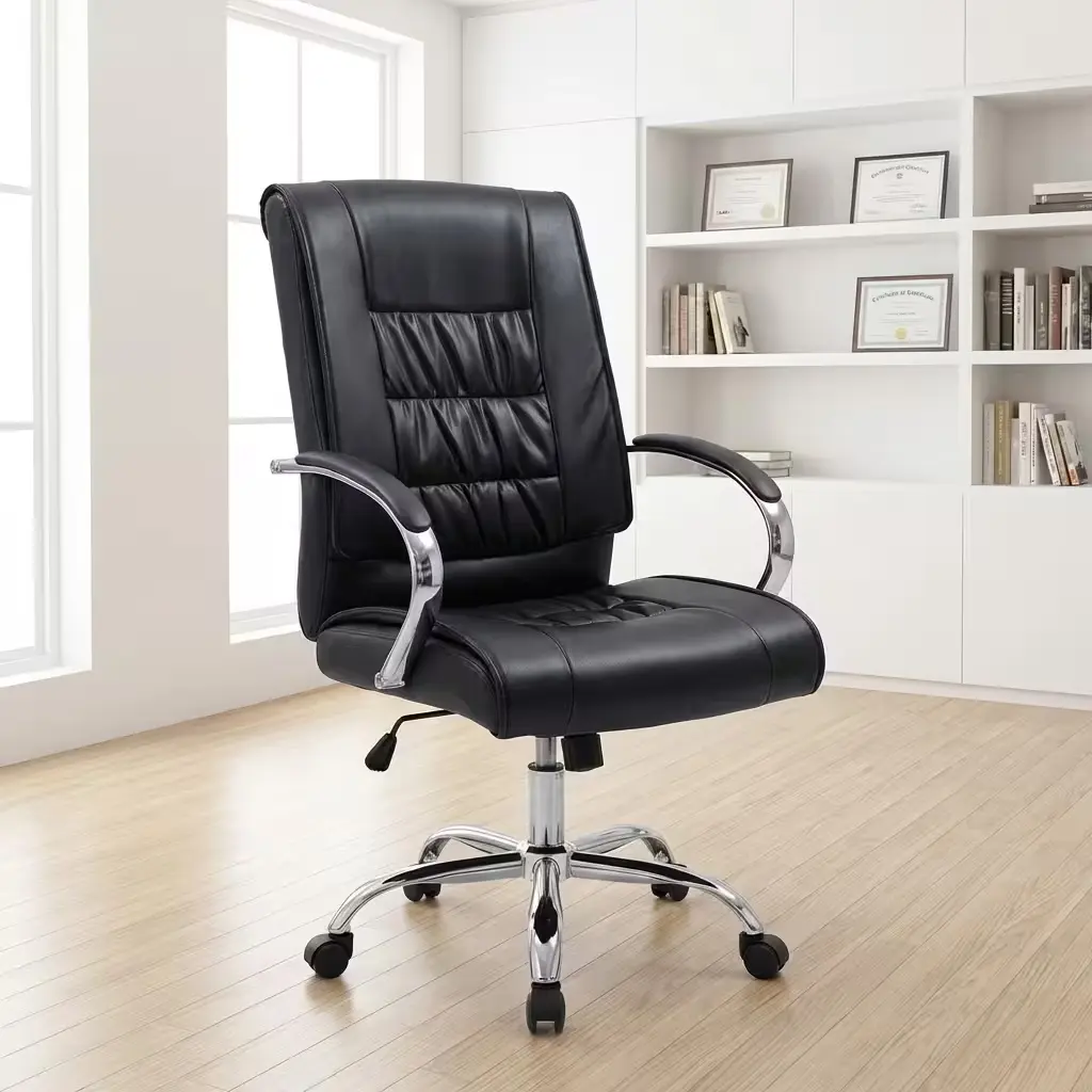 Ergonomic Leather Executive Office Chair Featuring Black Leather Upholstery, Padded High Backrest With Horizontal Stitching, Cushioned Seat, Curved Chrome Armrests, Height-Adjustment Lever, And Polished Five-Star Wheeled Base.