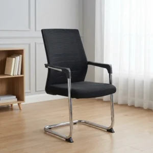 Mid-Back Mesh Visitors Office Seat Featuring A Breathable Black Mesh Backrest, Padded Black Fabric Seat, Integrated Black Armrests, And Polished Silver Cantilever Metal Frame.