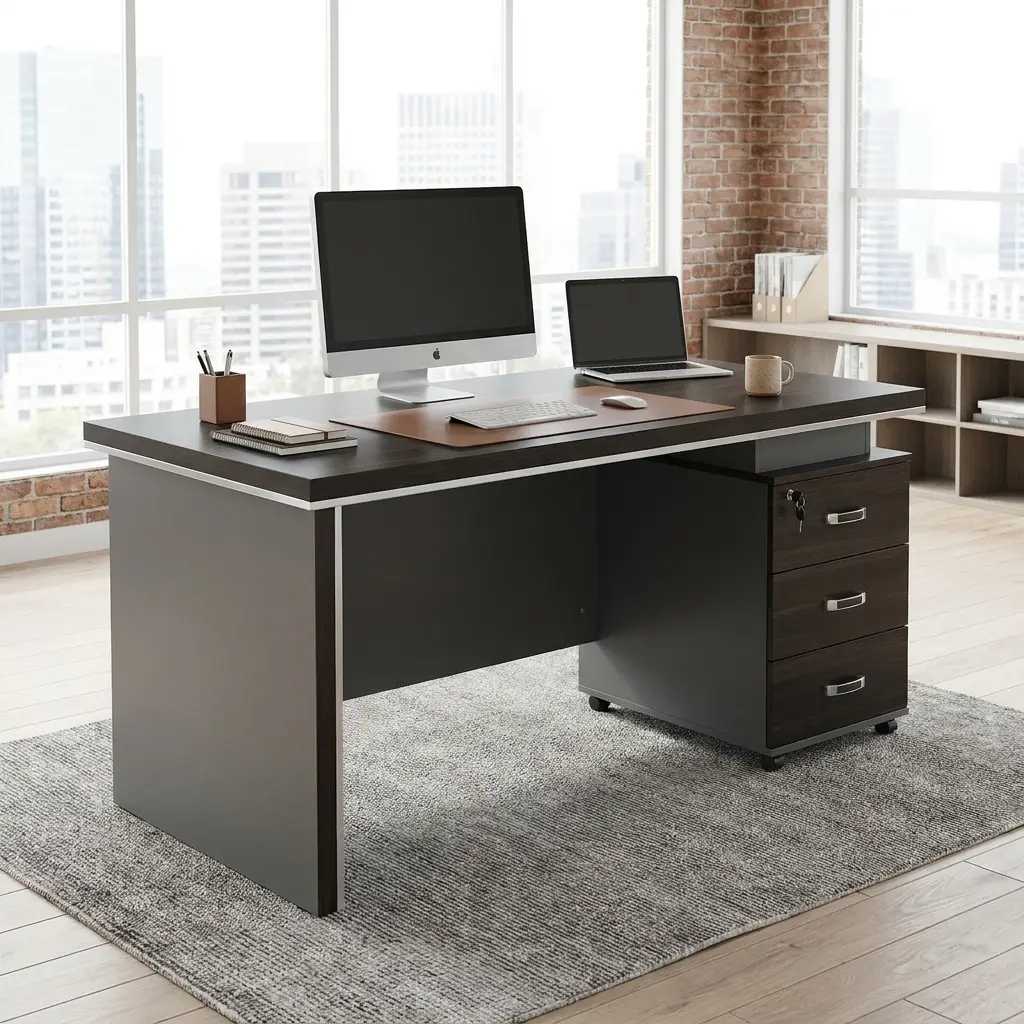 1.4M Straight Wood Executive Desk With Dark Wood-Grain Finish, Rectangular Desktop, Contrasting Light Trim, Front Modesty Panel And Three-Drawer Storage Unit With Lockable Upper Drawer