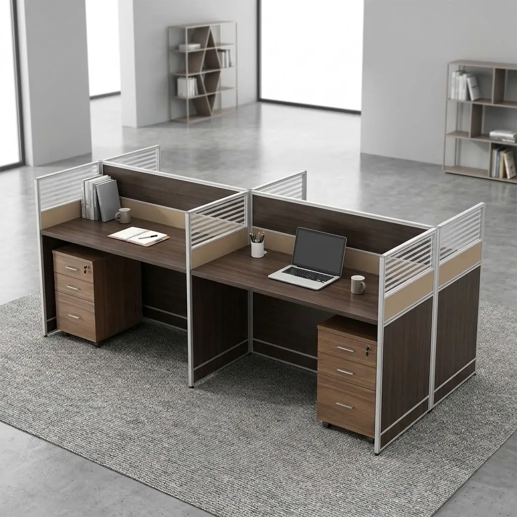 4-Way Partitioned Office Workstation Featuring Dark Wood-Grain Desktops, Metallic-Framed Privacy Partitions With Horizontal Slatted Detailing, And Individual Three-Drawer Storage Pedestals.