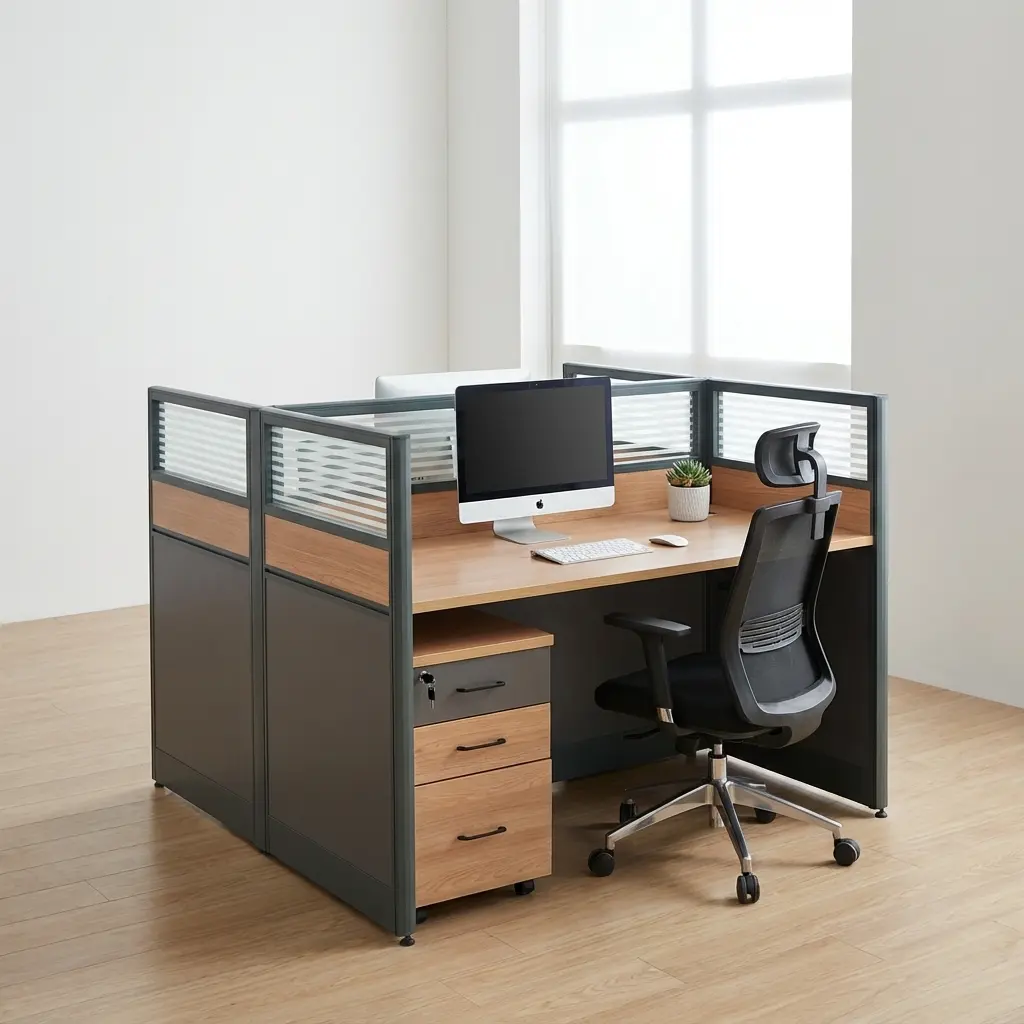 Corporate 2-Way Partition Workstation With Wood-Grain Desktop, Dark Grey Panels, Frosted Upper Partitions And Three-Drawer Office Pedestal.