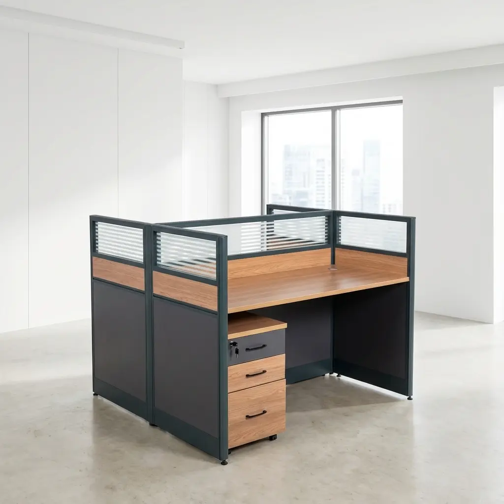 Corporate 2-Way Partition Workstation With Wood-Grain Desktop, Dark Grey Panels, Frosted Upper Partitions And Three-Drawer Office Pedestal.