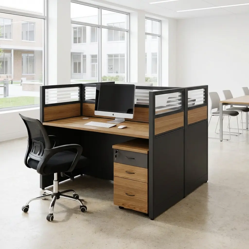 Corporate 2-Way Partition Workstation With Wood-Grain Desktop, Dark Grey Panels, Frosted Upper Partitions And Three-Drawer Office Pedestal.