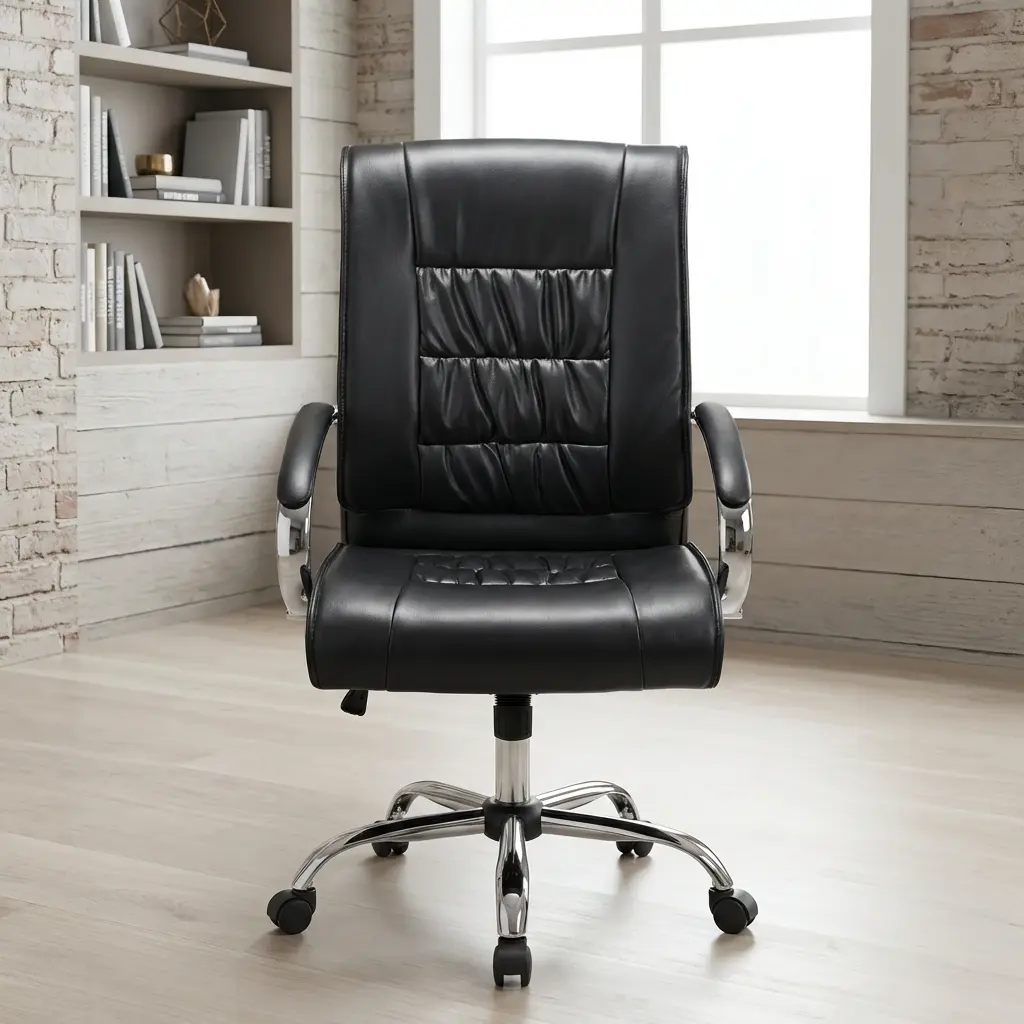 Ergonomic Leather Executive Office Chair Featuring Black Leather Upholstery, Padded High Backrest With Horizontal Stitching, Cushioned Seat, Curved Chrome Armrests, Height-Adjustment Lever, And Polished Five-Star Wheeled Base.