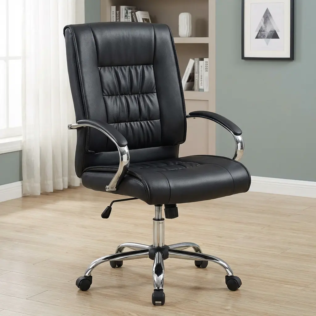 Ergonomic Leather Executive Office Chair Featuring Black Leather Upholstery, Padded High Backrest With Horizontal Stitching, Cushioned Seat, Curved Chrome Armrests, Height-Adjustment Lever, And Polished Five-Star Wheeled Base.