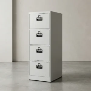 4-Drawer File Cabinet With 4 Keys featuring a light-grey metallic body, four vertically arranged lockable drawers, and recessed black handles.
