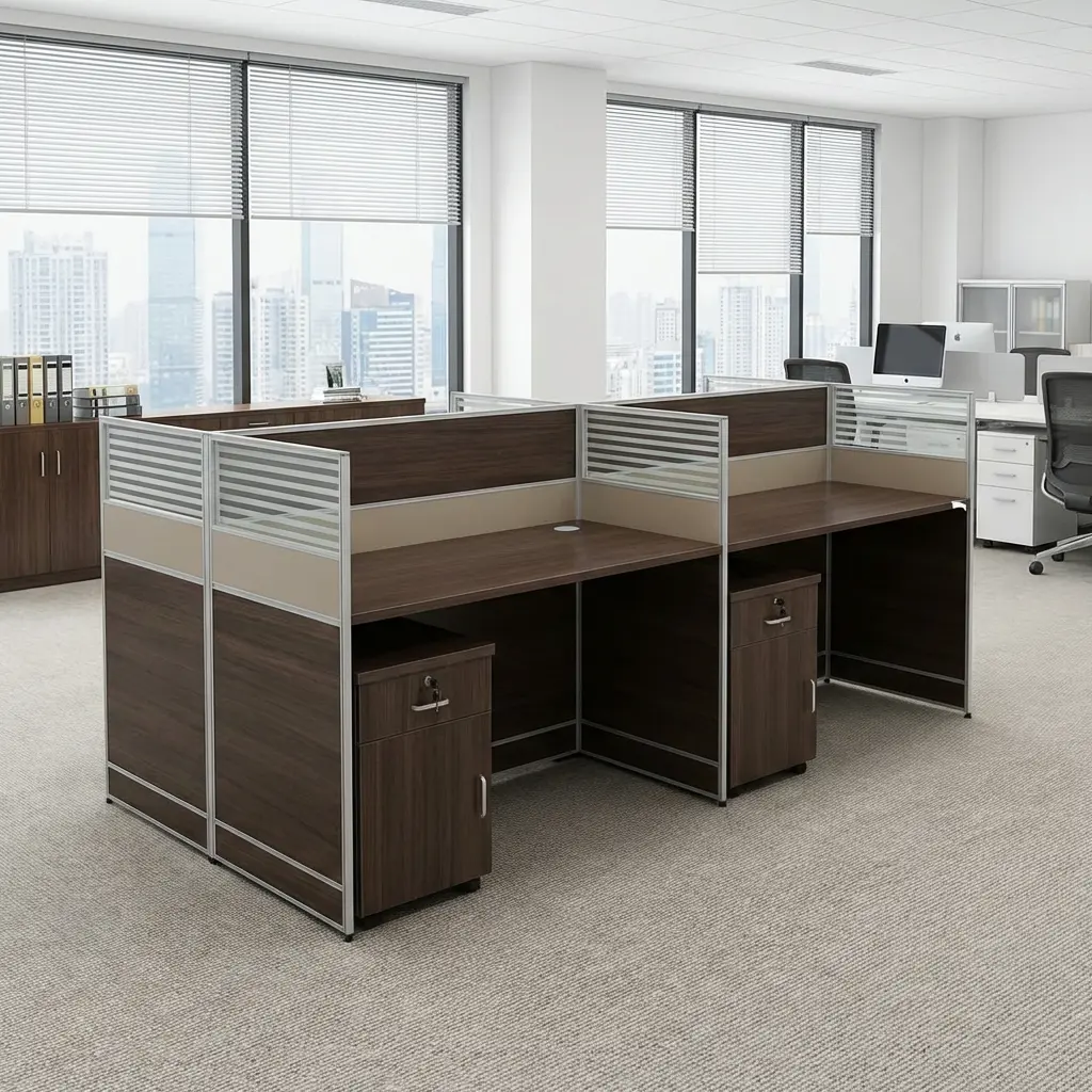 4-Way Partitioned Office Workstation Featuring Dark Wood-Grain Desktops, Metallic-Framed Privacy Partitions With Horizontal Slatted Detailing, And Individual Three-Drawer Storage Pedestals.