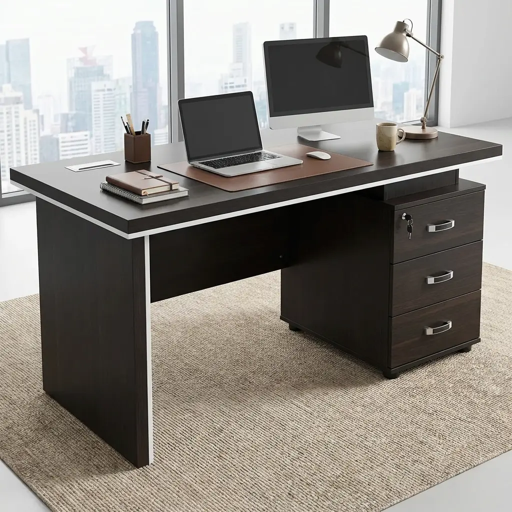 1.4M Straight Wood Executive Desk With Dark Wood-Grain Finish, Rectangular Desktop, Contrasting Light Trim, Front Modesty Panel And Three-Drawer Storage Unit With Lockable Upper Drawer