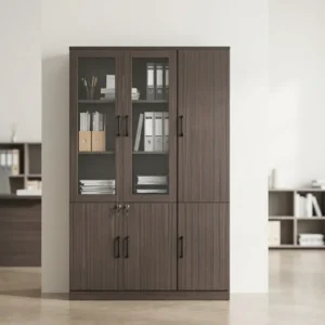 3-Door Wooden Office Cabinet Featuring A Dark Wood-Grain Finish, Two Upper Glass-Panel Doors, Solid Wooden Storage Doors, Internal Shelving, Black Vertical Handles, And Locking Provisions On The Lower Central Doors.