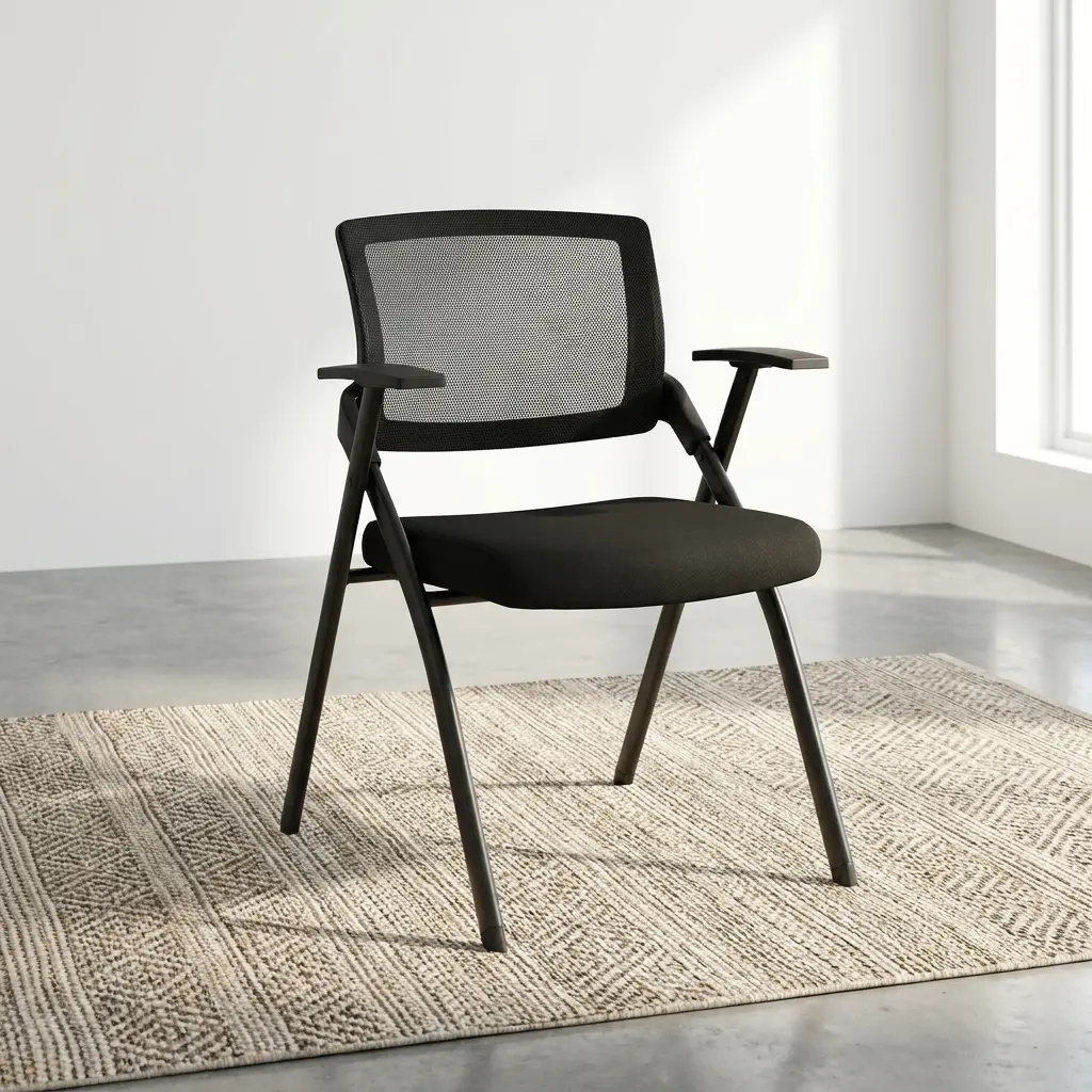 Foldable Ergonomic Training Chair In Black With Breathable Curved Mesh Backrest, Padded Upholstered Seat, Integrated Armrests And Four-Leg Frame