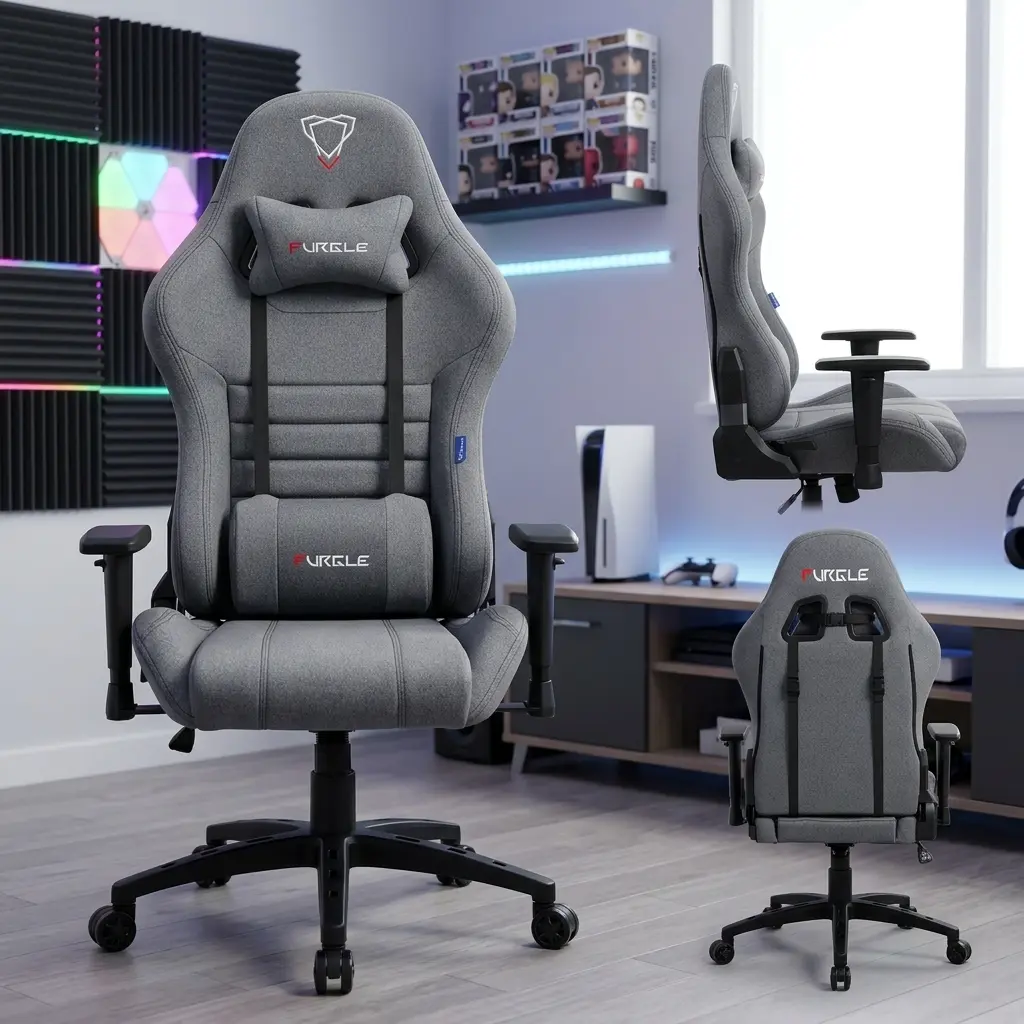 Ergonomic Grey Fabric Gaming Chair With Grey Fabric Upholstery, Contoured High Back, Segmented Padding, Headrest Cushion, Lumbar Cushion, Armrests And Wheeled Base
