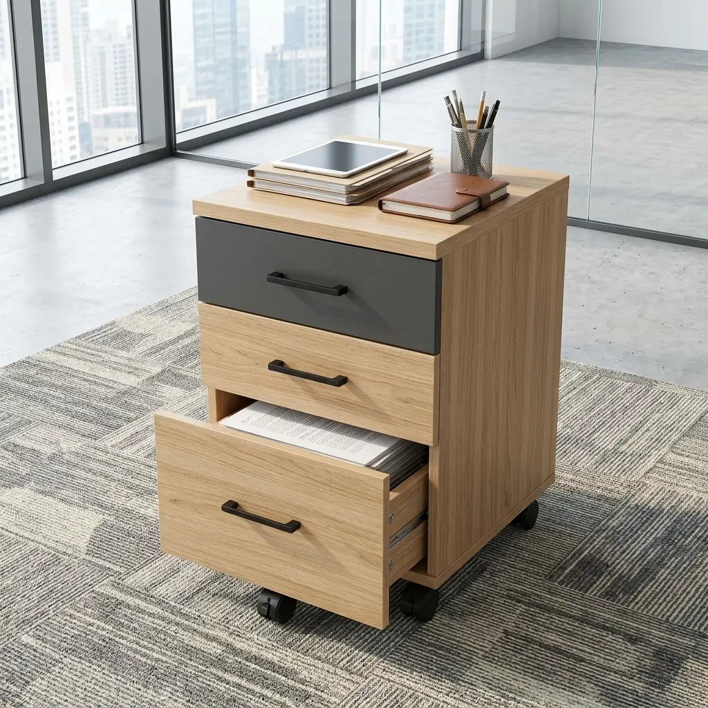 3-Drawer Mobile Office Pedestal With Light Wood-Grain Finish, Contrasting Dark Upper Drawer, Three Curved Dark Handles And Caster Wheels