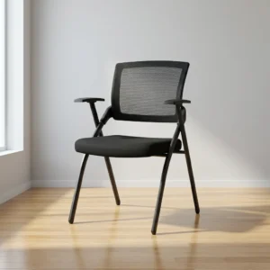 Foldable Ergonomic Training Chair in black with breathable curved mesh backrest, padded upholstered seat, integrated armrests and four-leg frame