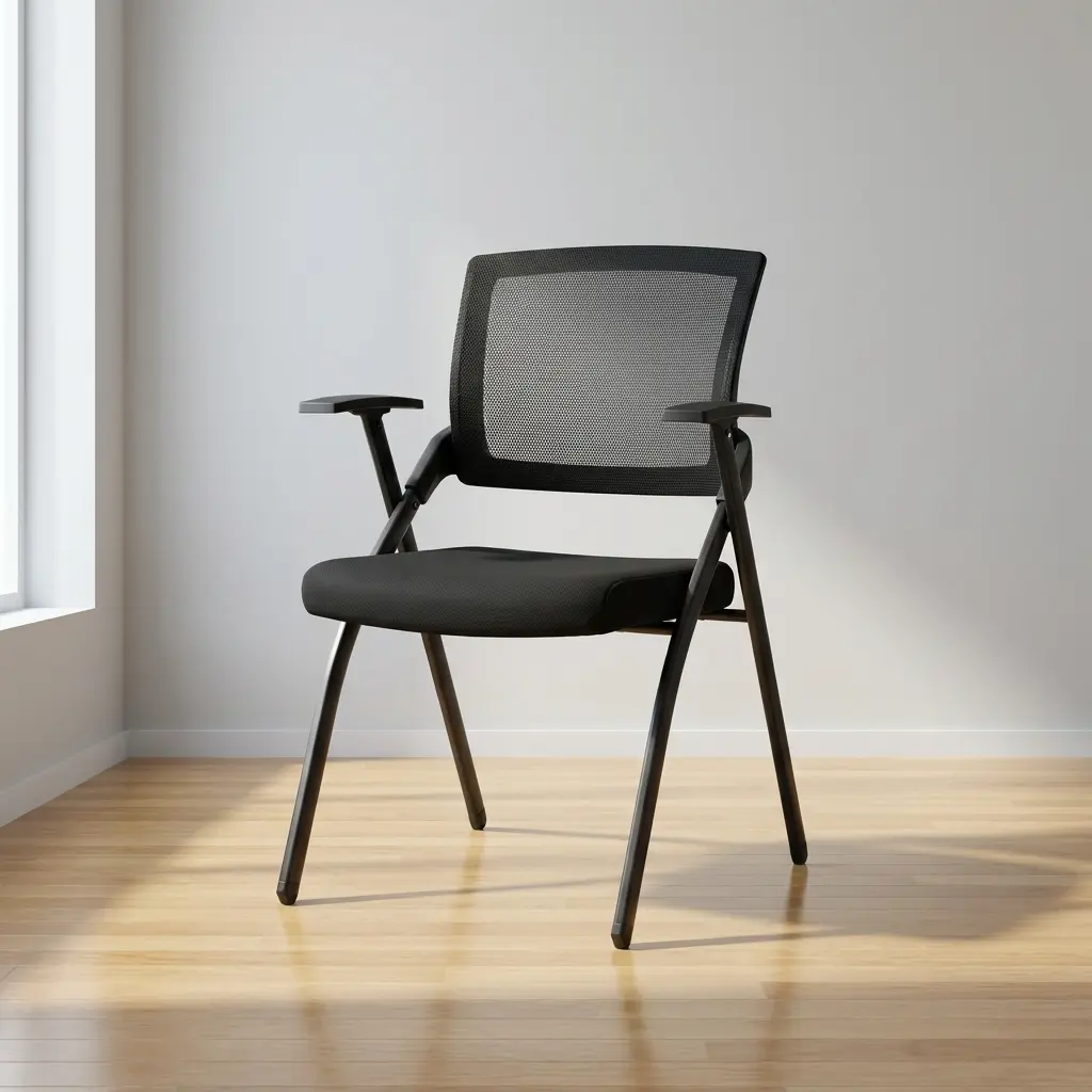 Foldable Ergonomic Training Chair In Black With Breathable Curved Mesh Backrest, Padded Upholstered Seat, Integrated Armrests And Four-Leg Frame