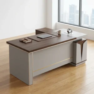 1.8m Executive CEO's Office Desk featuring a brown wood-grain tabletop, white modesty panel with gold-coloured detailing, contrasting side extension, and integrated cabinet.