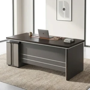 1.4m Straight Wood Executive Desk with dark wood-grain finish, rectangular desktop, contrasting light trim, front modesty panel and three-drawer storage unit with lockable upper drawer