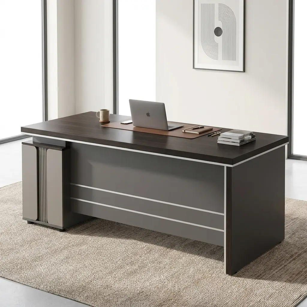 1.4M Straight Wood Executive Desk With Dark Wood-Grain Finish, Rectangular Desktop, Contrasting Light Trim, Front Modesty Panel And Three-Drawer Storage Unit With Lockable Upper Drawer