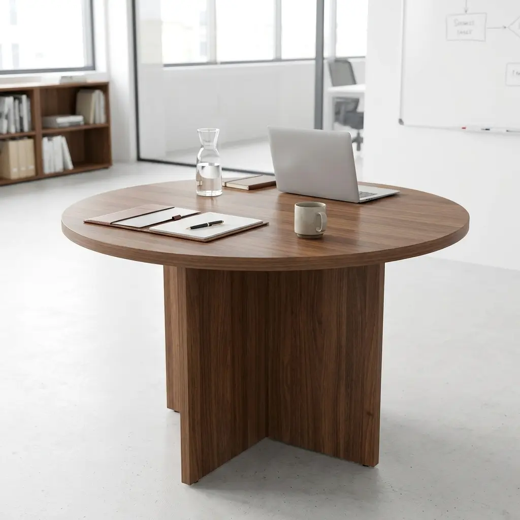 1M Round Executive Meeting Table Featuring A Brown Wood-Grain Circular Tabletop With Smooth Rounded Edges And A Matching Cross-Panel Pedestal Base.