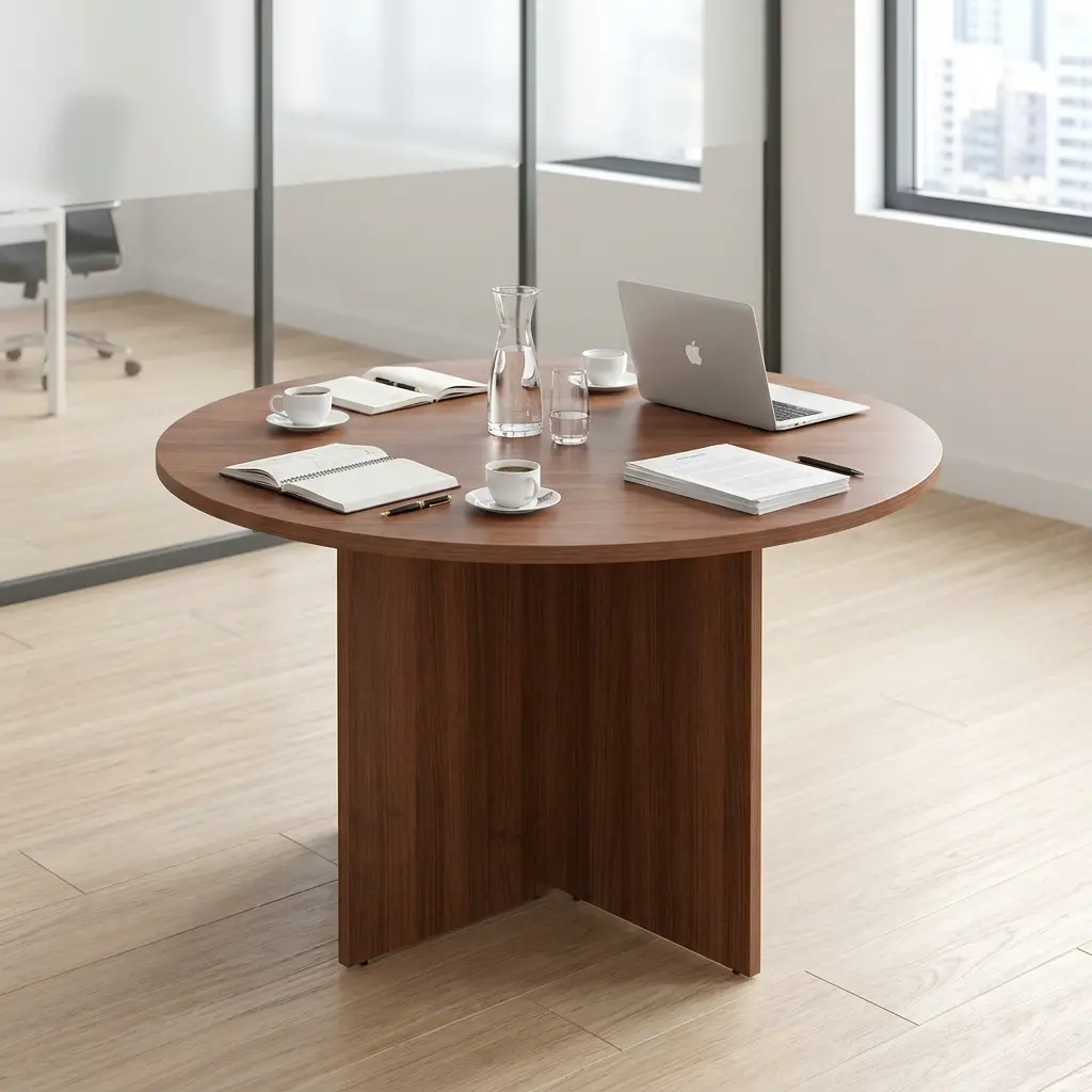 1M Round Executive Meeting Table Featuring A Brown Wood-Grain Circular Tabletop With Smooth Rounded Edges And A Matching Cross-Panel Pedestal Base.
