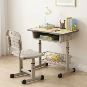 Adjustable Kid's Desk & Chair Set with height-adjustable desk and chair, open under-desk compartment, lower wire storage rack and ventilated seat.